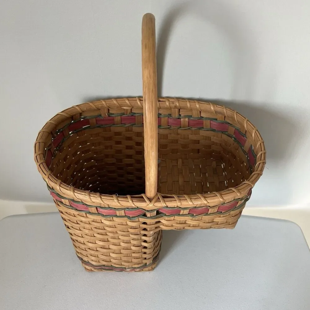 Vintage Rustic Country Woven Stair Basket Cottagecore Tan Red Green 13' x 14'